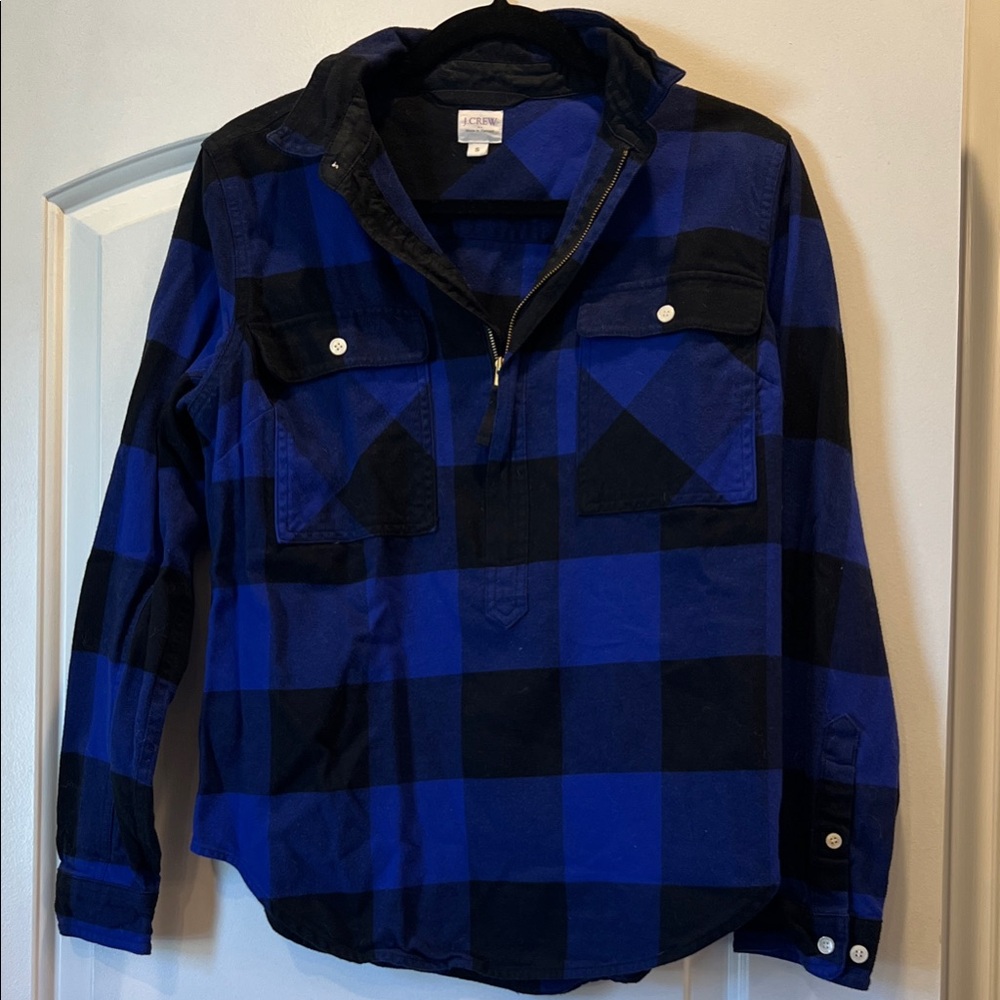 J. Crew blue and black half zip flannel.